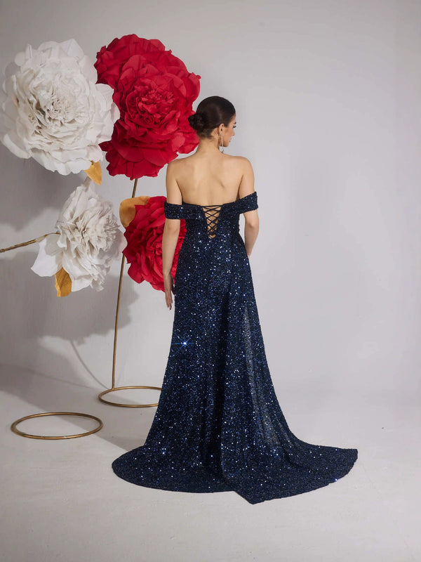 Navy Sequin Off-Shoulder Low Back High Slit Mermaid Evening Gown