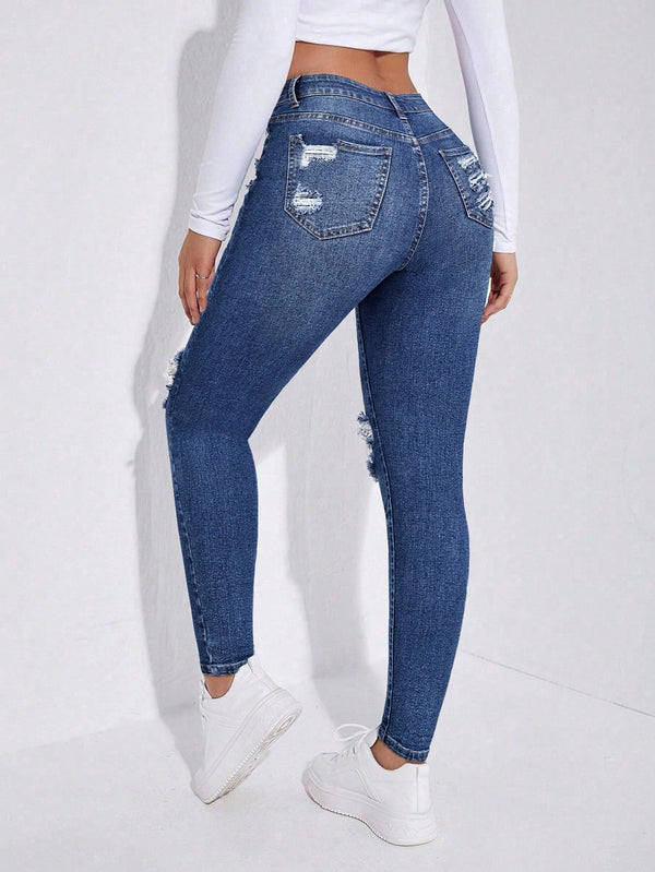 Stretch Ripped Slim-Fit Denim Pencil Pants for Streetwear