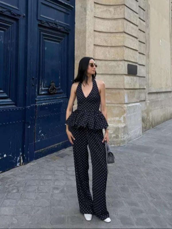 Polka Dot V-Neck Sleeveless Wide-Leg Pants Set for Summer