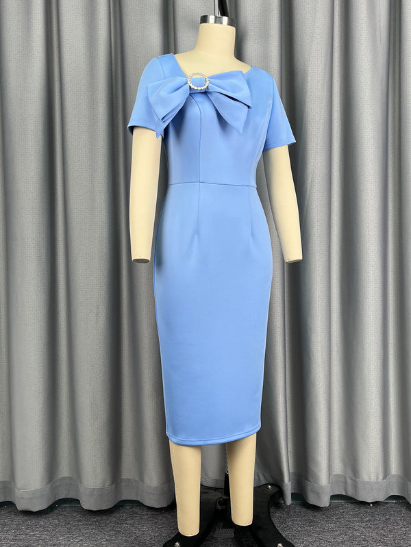 Plus Size Light Blue Rhinestone Bow Short-Sleeve Bodycon Dress for Evening Parties
