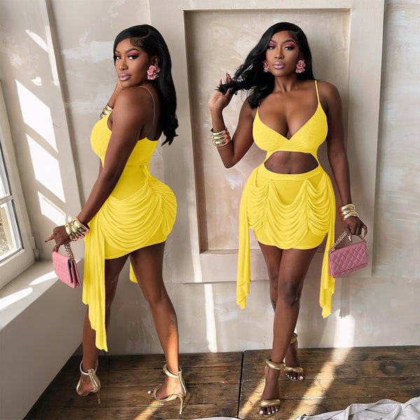 Deep V Strap Open Waist Solid Color Mini Dress for Parties