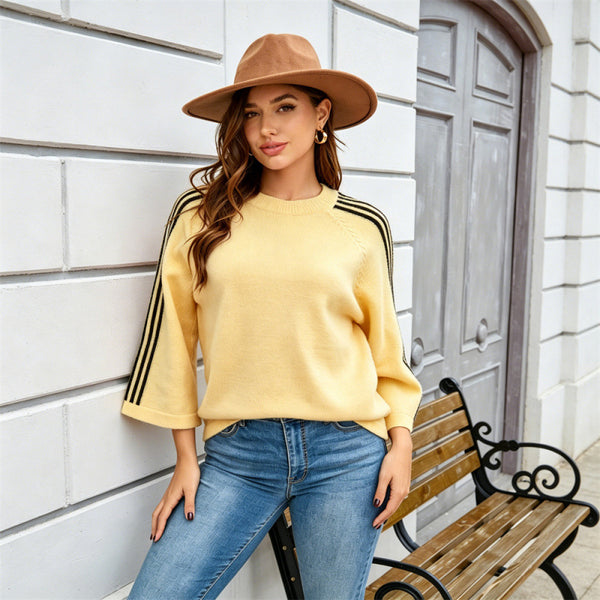 Striped Patchwork Loose Three-Quarter Sleeve Knitted Sweater for Autumn