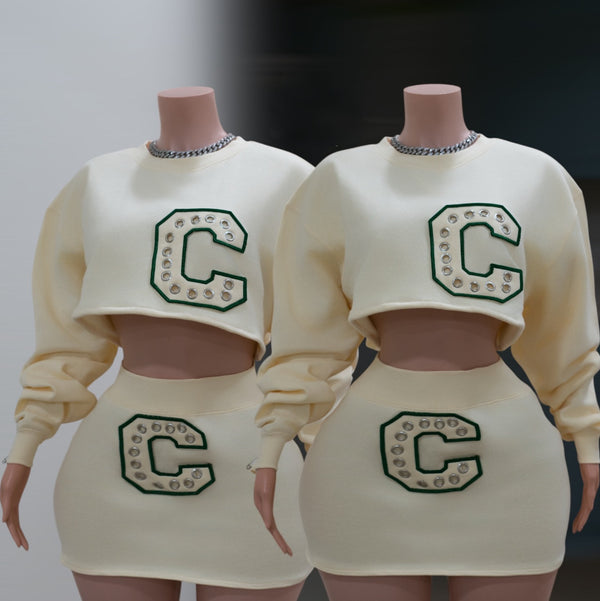 Letter Embroidered Long-Sleeve Top & Skirt Set for Autumn