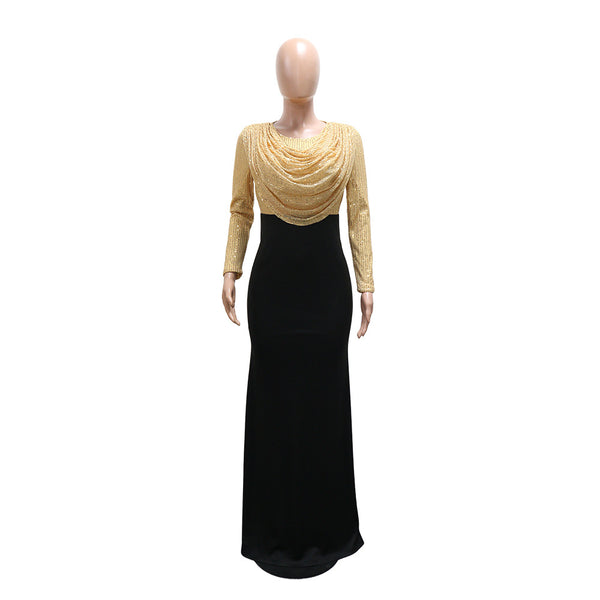 Sequin Long Sleeve Round Neck Ruched Evening Dress for Formal Parties