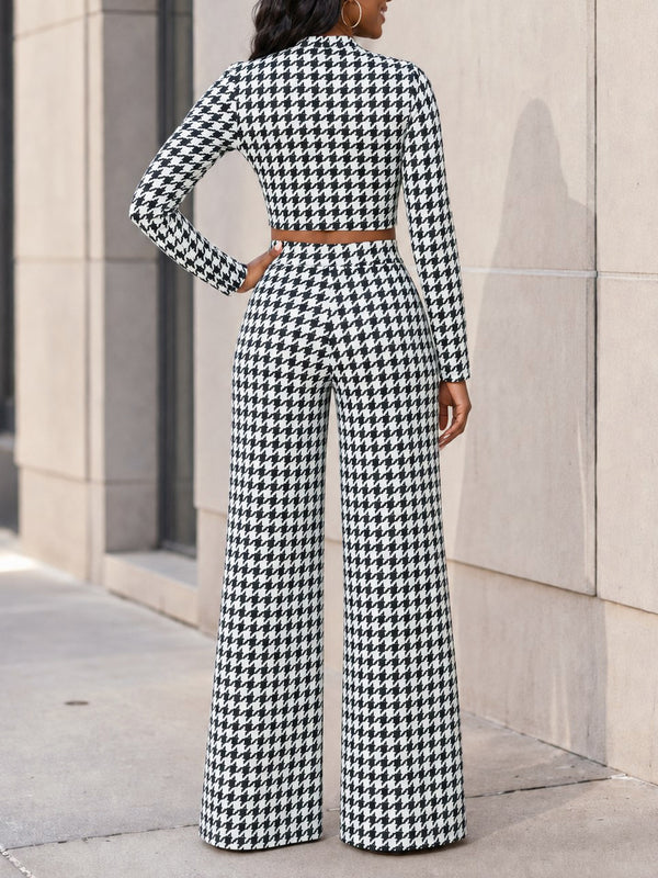 Houndstooth Long Sleeve Crop Top & Wide-Leg Pants Two-Piece Set for Spring & Fall
