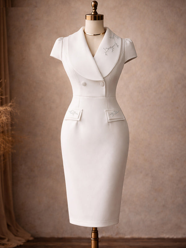 Plus Size White Turndown-Collar Double-Breasted Bodycon Dress for Career Wear