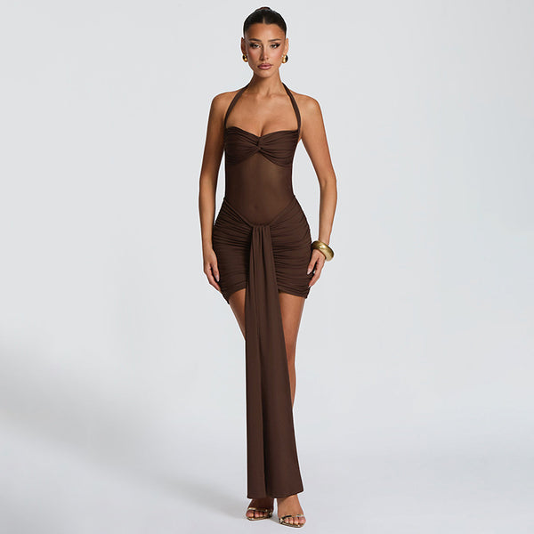 Mesh Patchwork Knot Halter Tie Dress for Evening Parties