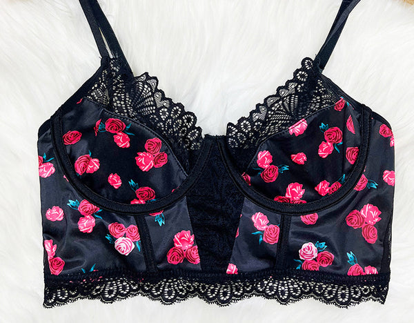 Rose Printed Lace Corset Bra & Thong Lingerie for Intimate Wear