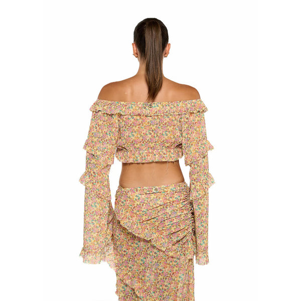 Chiffon Long-Sleeve Top & Floral Slit Skirt Beach Holiday Set