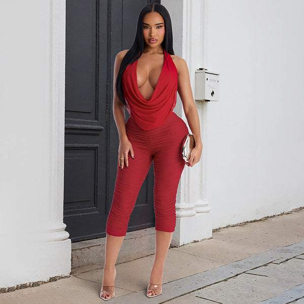Halter Backless Ruffled Mesh Top & Capri Pants Set for Club Wear