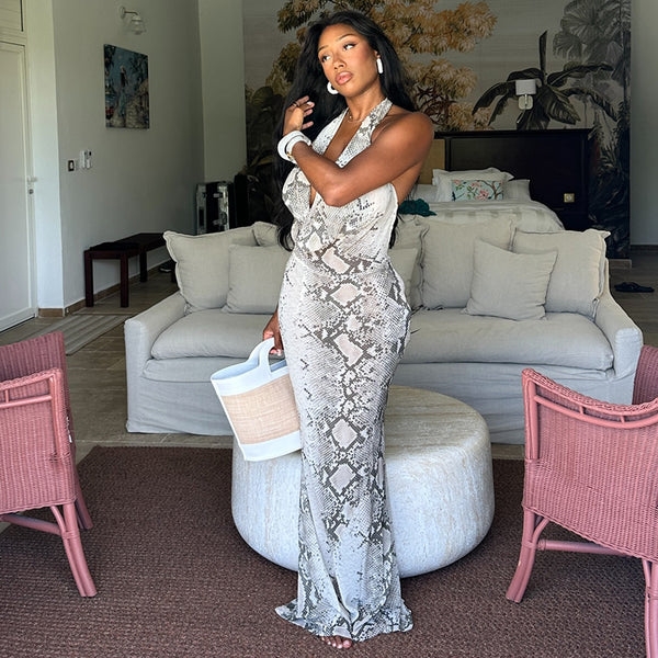 Gray & White Printed Halter Swing Neck Bodycon Dress for Party Wear