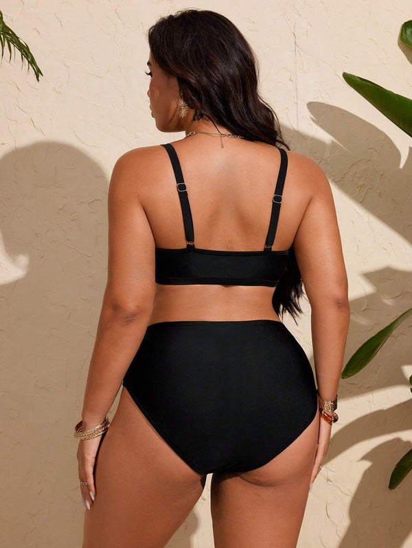 Plus Size Mesh Patchwork Cutout Lace-Up High-Waist Two-Piece Bikini