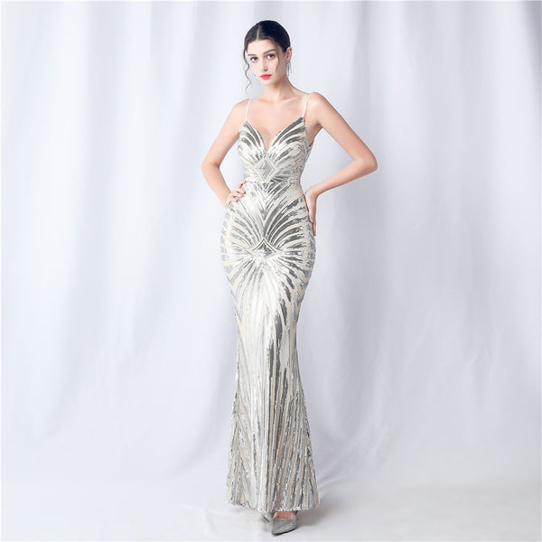 Plus Size Women Sequined Camisole Evening Dress