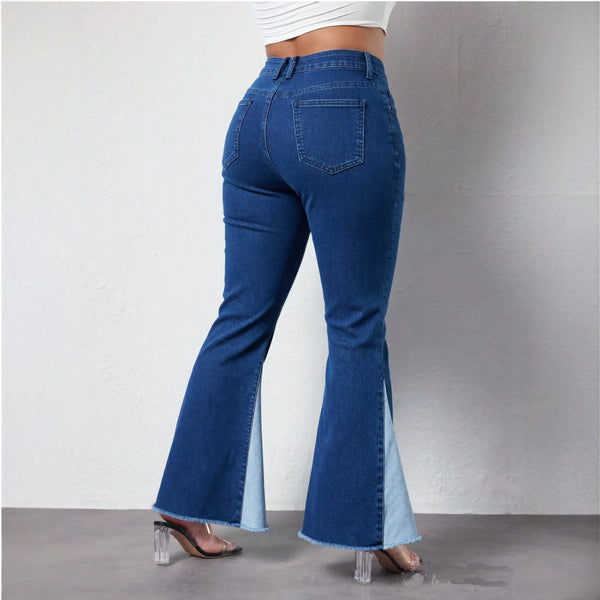 Patchwork Stretchy Bell Bottom Denim Pants for Casual Streetwear