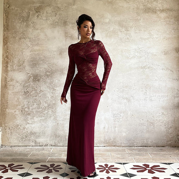 Long-Sleeve Patchwork Lace See-Through Dress for Evening Events