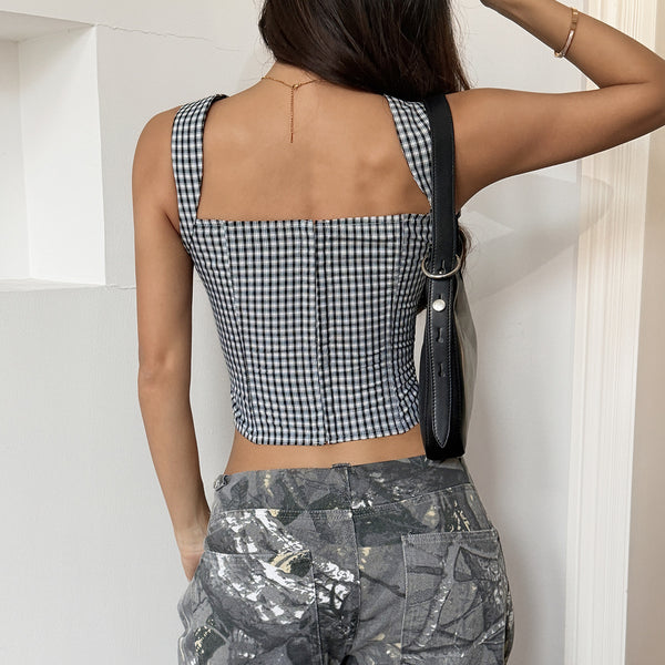 Black & White Plaid Lace-Up Camisole Crop Top for Spring