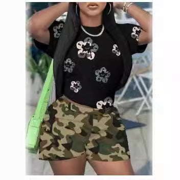 Printed Short-Sleeved Sports Shorts Set for Activewear