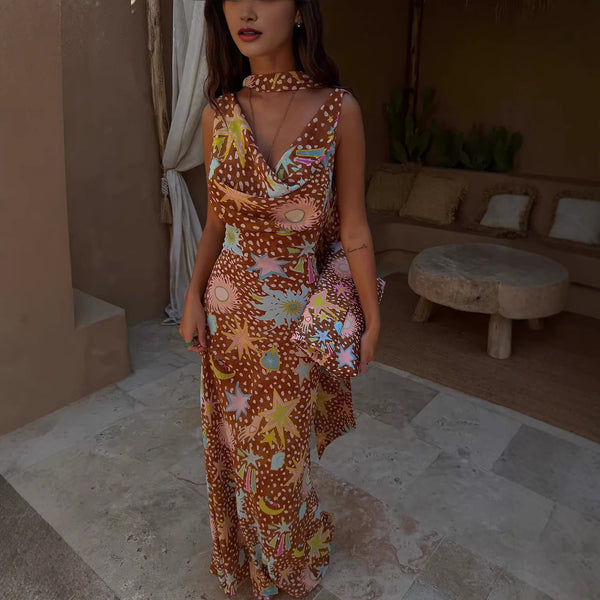 Printed Ribbon Maxi Dress for Spring & Summer Holiday Parties