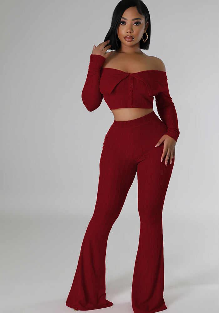 Solid Off-Shoulder Top & Wide Leg Pants Two-Piece Set