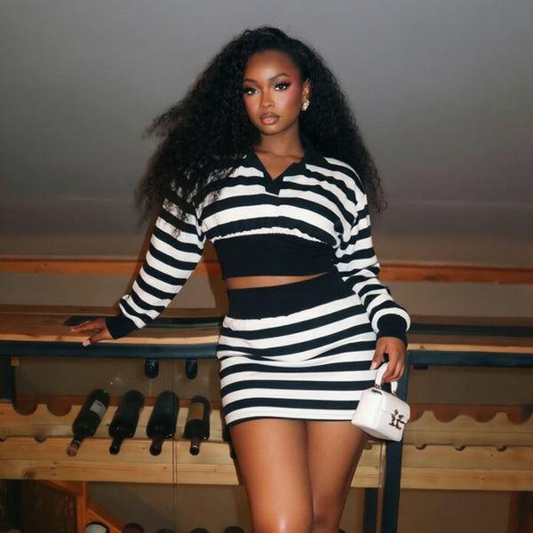 Striped Polo Neck Long-Sleeve Top & Skirt Two-Piece Set for Casual Wear