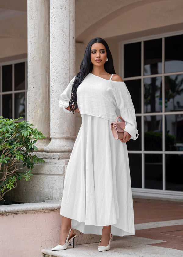 Plus Size Solid Slash Shoulder Long Sleeve Coat & Strap Dress Set for Summer & Autumn