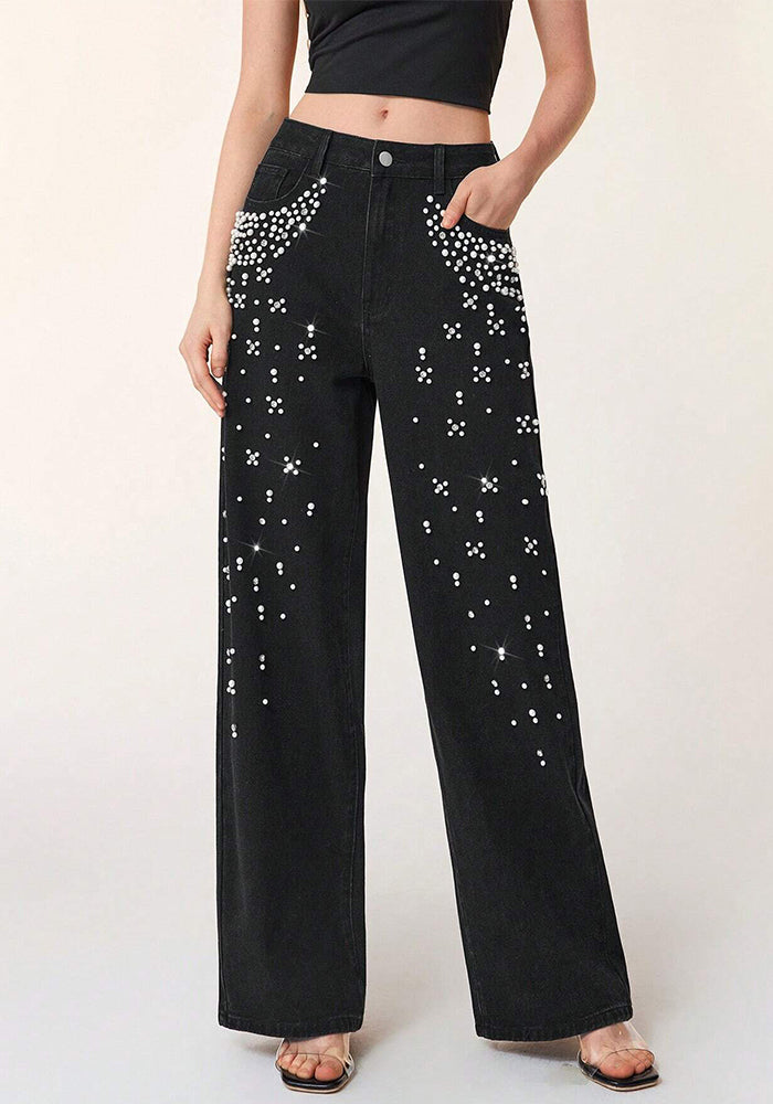 Beaded Denim Straight Leg Jeans for Casual Streetwear