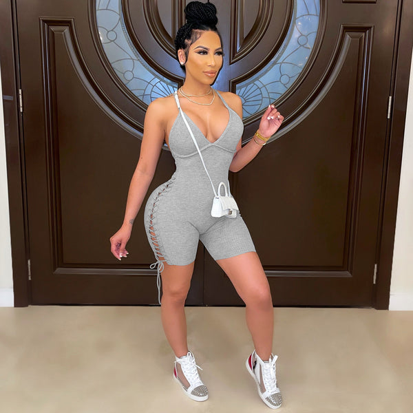 Ribbed Strap Solid Color Jumpsuit for Summer Casual Wear
