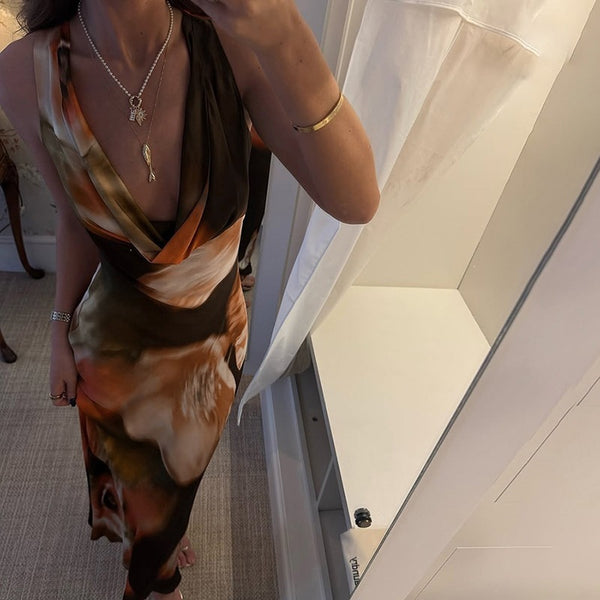 Draped Neck Color Block Maxi Dress for Summer Evenings