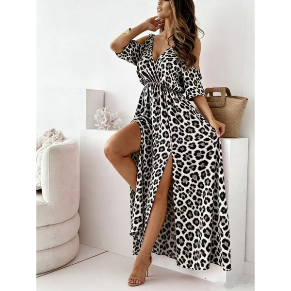 Women Leopard Print Lace-Up Slit Short-Sleeved Dress