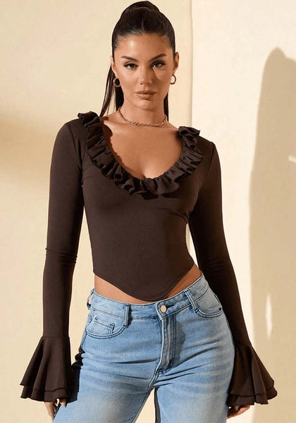 Women Ruffled Long-Sleeve T-Shirt Crop Top