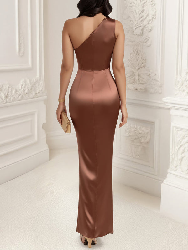 Coffee Brown High Slit Zip Evening Gown