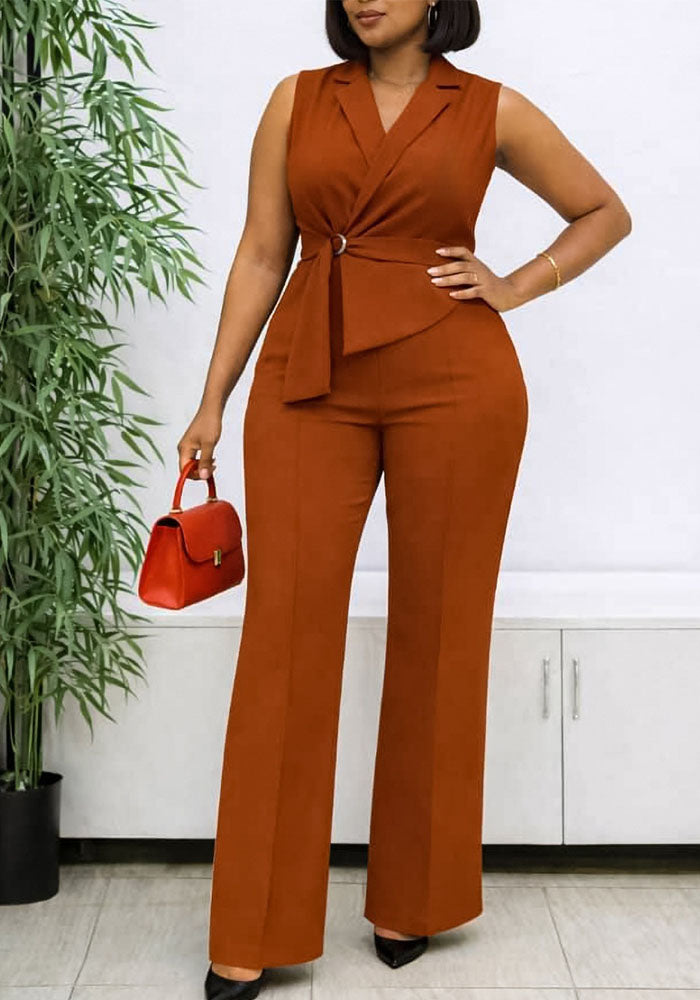 Sleeveless Turndown Collar Lace-Up Wide-Leg Jumpsuit for Summer