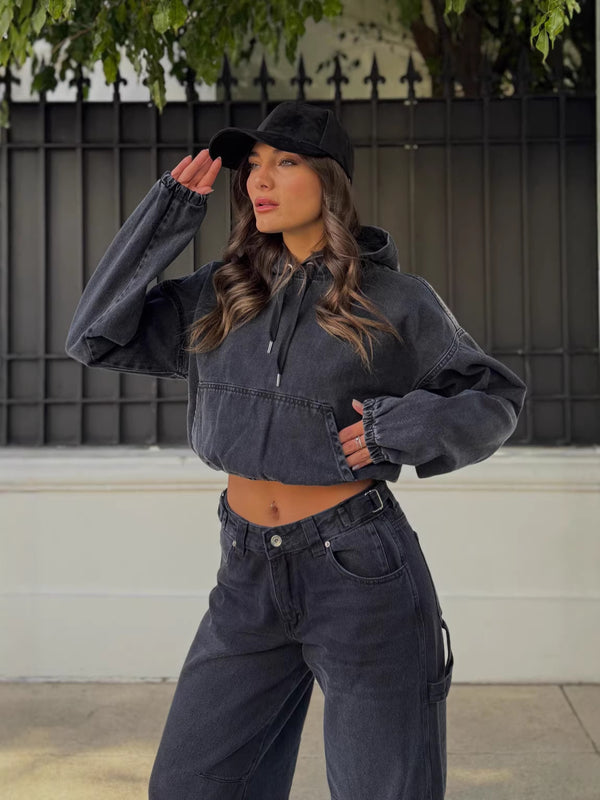 Washed Denim Hooded Long Sleeve Top for Casual Spring Layering