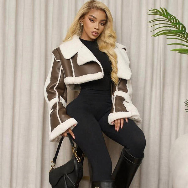 PU Leather Patchwork Fur Collar Cropped Jacket for Autumn Streetwear