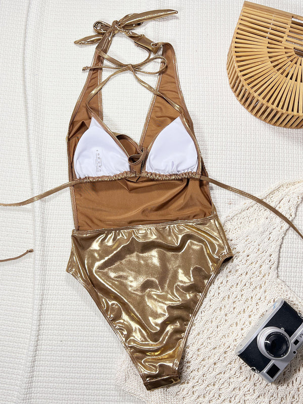 Gold Lace-Up One-Piece Swimsuit for Beachwear
