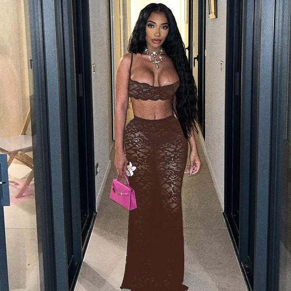 Hollow Strap Top & Solid Lace Skirt Two-Piece Set for Summer