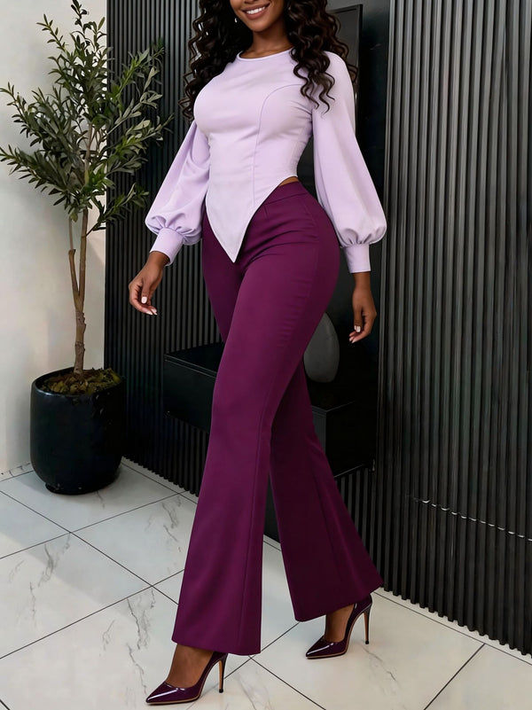 Lantern Sleeve Asymmetrical Top & Bell Bottom Pants Set for Casual Wear
