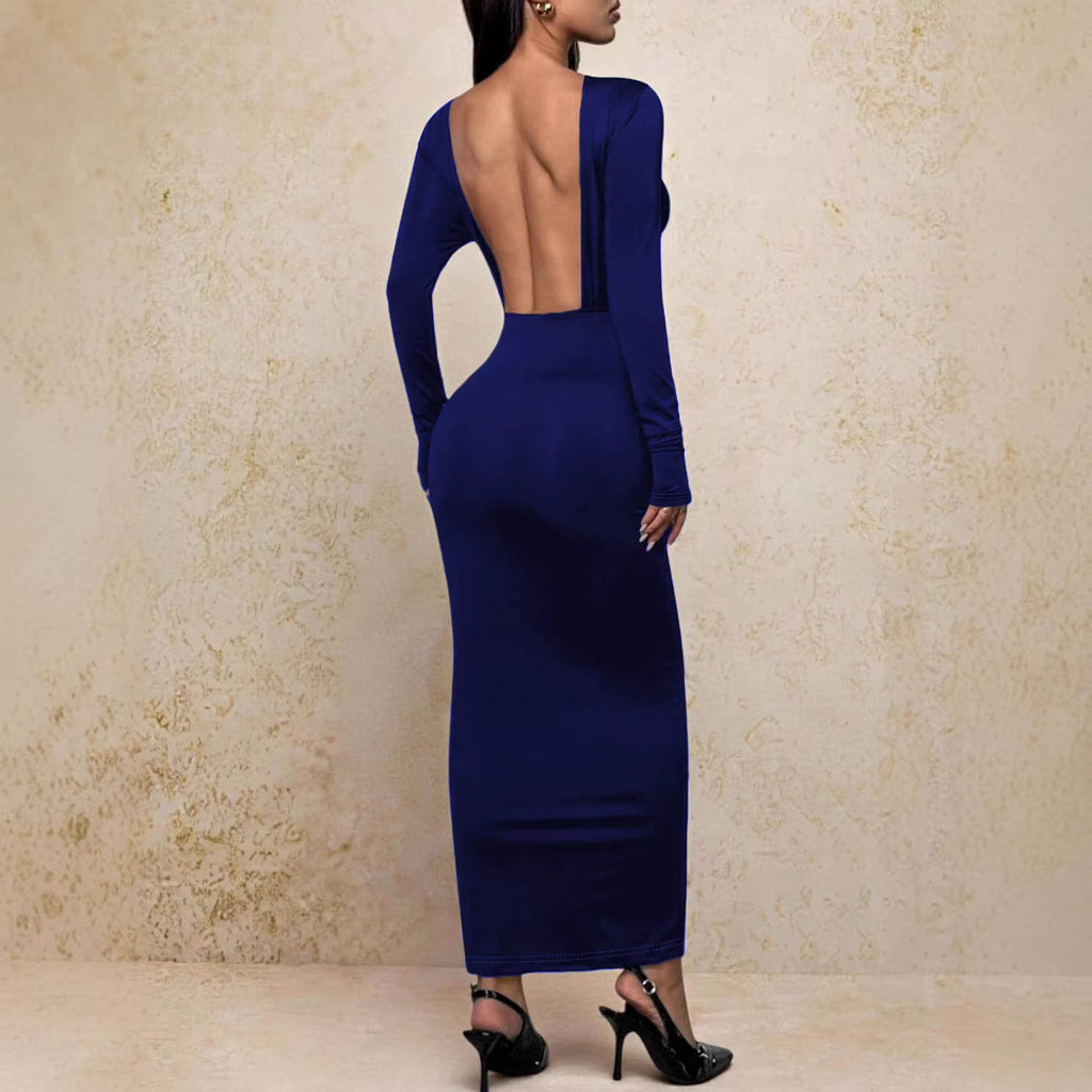 Women Elegant Solid Backless Long-Sleeve Dress