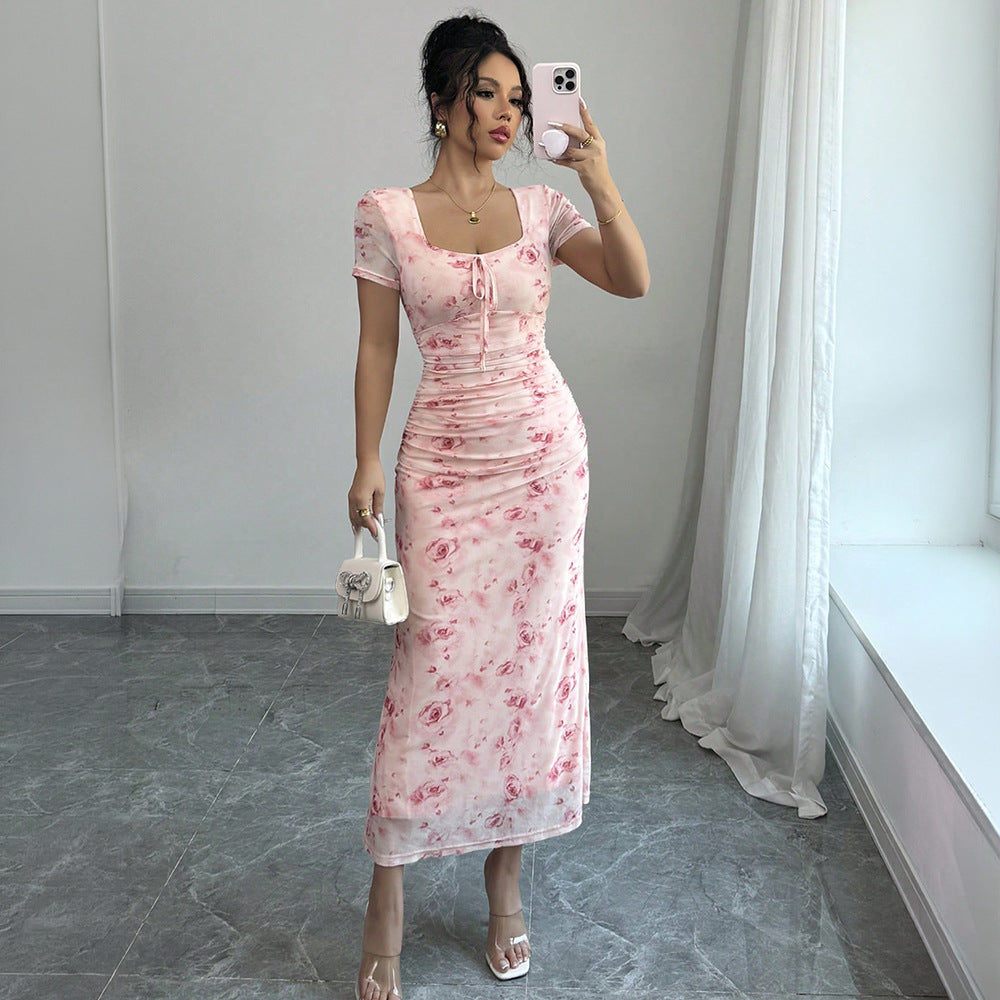 Women's Mesh Printed Short-Sleeve Fishtail Midi Dress