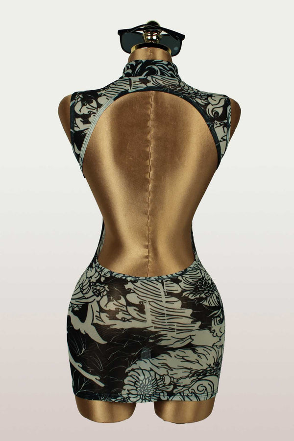 Mesh See-Through Sleeveless Backless Hollow-Out Bodycon Dress for Clubwear