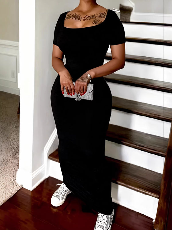 Solid Ribbed Square Neck Short Sleeve Dress