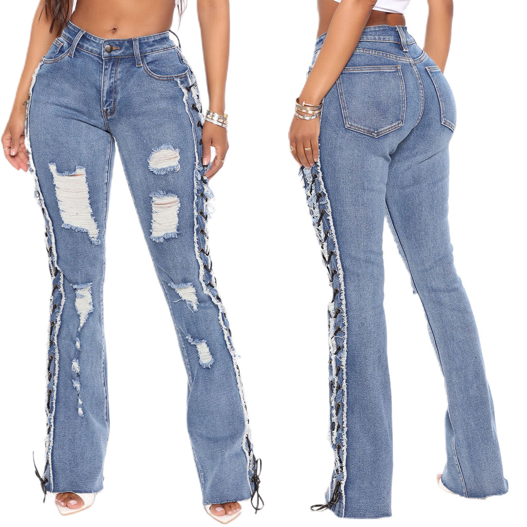 Lace-Up High Stretch Ripped Denim Pants