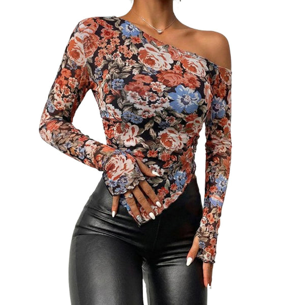 Slash Shoulder Asymmetrical Ruffled Mesh Top for Club Wear