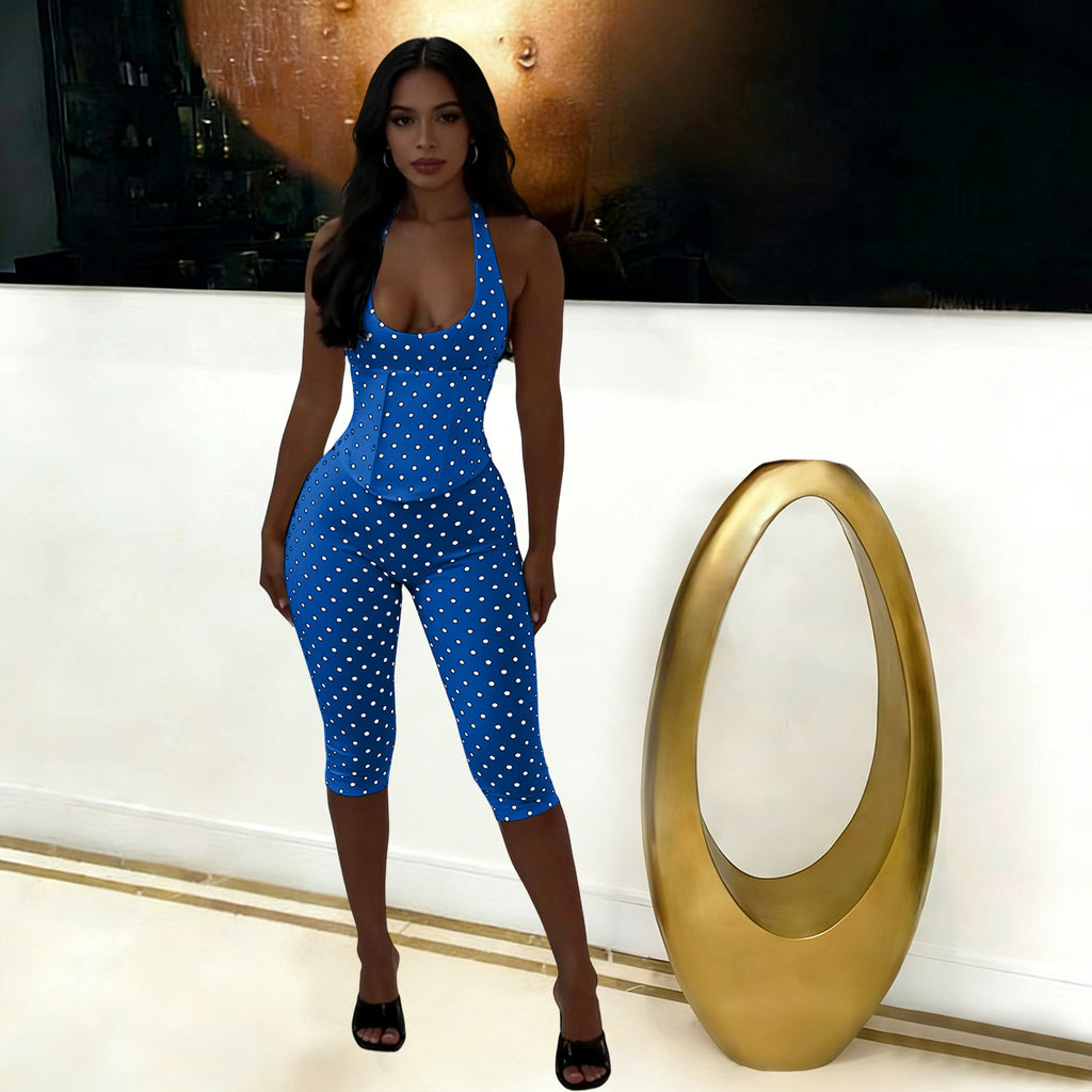 Halter Polka Dot Fishbone Zip Seven-Point Jumpsuit