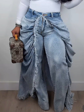 Faux Two-Piece Ruched Frayed Denim Pants for Streetwear