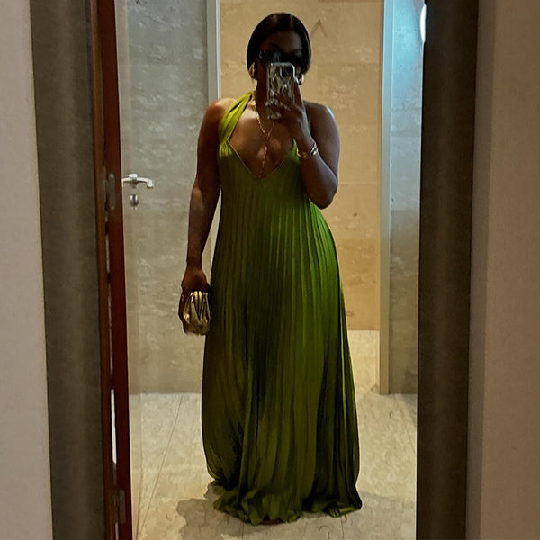 Halter V-Neck Backless Pleated Dress for Autumn Events