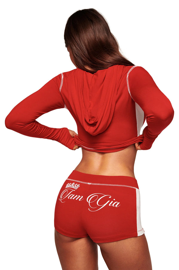 Letter Print Zipper Hooded Top & Tie Shorts Set for Casual Wear