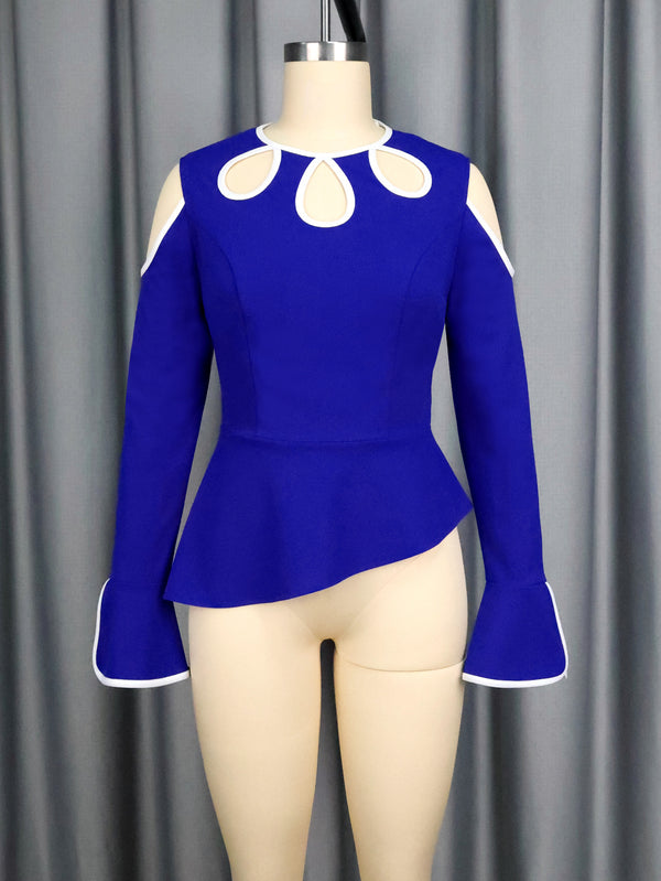 Colorblock Cutout Bell Sleeve Off-Shoulder Ruffle Party Top