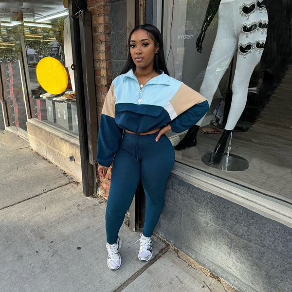 Contrast Color Zipper Patchwork Top & Tight Pants Sports Set