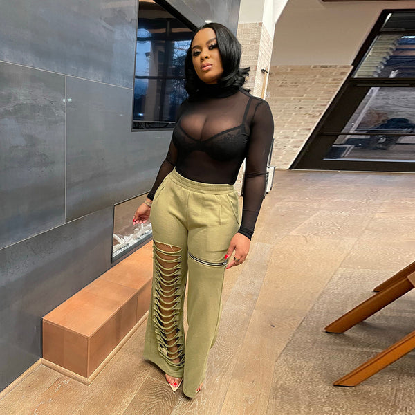 Ripped Zipper Patchwork Flared Pants for Autumn Streetwear